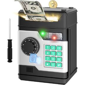 Piggy Bank, Automatic Electronic Piggy Bank for Kids Boys Girls with Password and Fingerprint Unlocking Simulation, Money Bank Kids Safe Toys for 3 4 5 6 7 8 9 10 Year Old Boy Girl (Black)