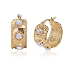 Gold Hoop Earrings for Women Chunky Pearl Huggie Earrings 925 Sterling Silver Wedding Hoops, Gold