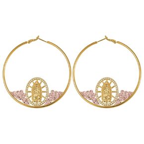 Elegant Religious Hoop Earrings with Virgin Mary and Rose Detailing – 18k Gold Plated With Sparkling Rhinestones (Gold)