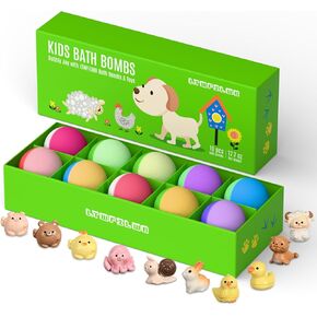 Bath Bombs for Kids with Surprise Toys Inside, 10 Pack Organic Kids Bath Bombs with Animal Toys Inside, Handmade Natural Bubble Bath Fizzies, Birthday Gift for Kids Girls Boys