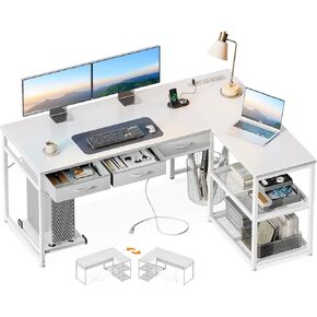 AODK 53 Inch L Shaped Computer Desk with Drawers, Corner Desk with Power Outlets & Reversible Storage Shelves, Movable CPU Stand for Home Office Gaming, White