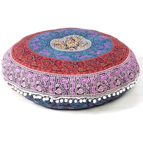 Eyes of India - 32" Pink Blue Green Floor Pillow Meditation Cushion Seating Throw Mandala Cover Hippie Round Colorful Decorative Bohemian Accent Boho Chic Dog Bed Indian Handmade Cover ONLY