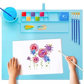 Silicone Painting Mat,20"×16" Craft Art Mat with Cup and Lid,Non Stick Silicone Sheet for Resin, DIY, Clay, Play Doh, Green