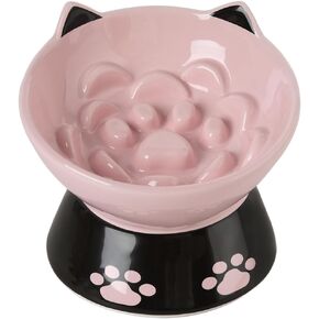 Ceramic Slow Feeder Cat Bowl, Non-Slip Silicone Ring Bottom for Better Feeding ，Elevated Dog Slow and Elevated Cat Food Bowl Anti Vomiting for Dry and Wet Food (White)