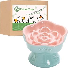 Ceramic Raised Slow Feeder Cat Bowl Elevated, Shallow Wide Tilted, Anti-Vomiting, Durable Cute Flower Pet Feeder Bowl for Dry Wet Food, Nonslip for Indoor Cats, Pink