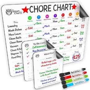 Dry Erase Magnetic Chore Chart for Kids Multiple Kids Set- (14.5x11.5 inches) Reward Chart for Kids, + Bonus to-Do Chore List, Meal Plan & 4 Magnetic Markers