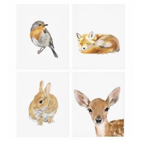Woodland Nursery Print - (Set Of 4) 8x10" Boho Adorable Animal Wall Decor for Cute Baby Bedroom, Original Watercolor Painting, UNFRAMED, Signed by Artist