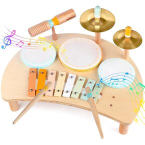 Kids Drum Set, Montessori Musical Instruments for Toddlers 1-3, Wooden Musical Toys for Baby 12-18 Months, Preschool Educational Xylophone Drum Kit, Birthday Gift for Boys Girls Ages 3+