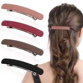 Ahoney 4Pcs Hair Barrettes for Women: 3.6" Flat Banana Clips, Pins for Thin Hair Styling Accessories, Gift Set (Black/Brown/Red/Pink)