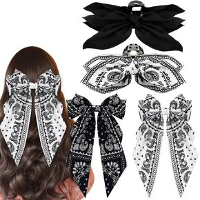 Zkptops 4Pcs Bow Hair Claw Clips for Women Girls Large Cute Paisley Hair Clips Oversized Long Tail Bowknot Hairpins White Black Cashew Flower Hair Barrettes for Thick Thin Long Short Hair Accessories