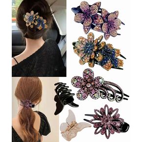 6 Pcs double flower decorative jeweled rhinestone hair clip pretty fancy floral thick crystal hair clips for women beautiful fashion designer asian accessories long chinese korean vintage ornaments