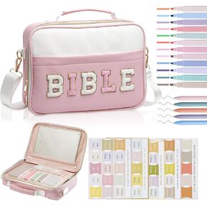 Bible Cover Case for Women, Large Chenille Letter Leather Bible Case with Bible Study Accessories, Bible Study Supplies Bible Journaling Kit, Christmas Christian Gift for Women Girls (Pink)