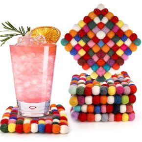 Dicunoy 6 Pack Felt Ball Coasters, 4" Square Colorful Coasters for Drinks, Funny Dot Handmade Wool Felt Mat Pads for Cups, Mugs, Coffee Table, Home, Office, Chrismas