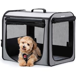Dog Car Carrier Stable and Light Weight, Dog Carrier for Car, Portable Dog Car Crate with Breathable Windows, Foldable Pet Carrier for Both Indoor and Outdoor Use, Dog Travel Crate with Curtain Gray