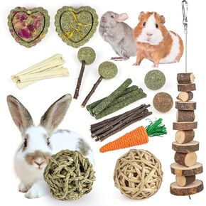 Sofier Rabbit Toys Bunny/Guinea Pig Toys Natural Timothy Hay Hamster Toys for Teeth Handmade Chews and Treats Apple Wood Sticks Chinchilla Rat