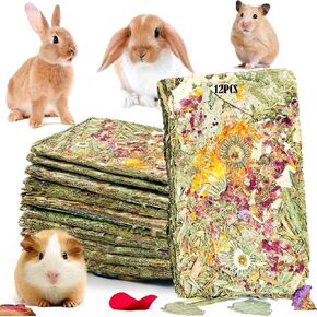 Rabbit Toys 12pcs Bunny Toy Guinea Pig Treats Timothy Hay Chew Toys Chips with Herbal Flowers Hamster Snacks Chinchillas Gerbils for Teeth Apple Sticks Sweet Bamboo