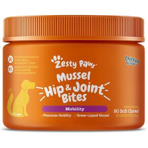Zesty Paws Mussel Mobility Bites for Dogs - New Zealand Green Lipped Mussel with Natural Glucosamine & Chondroitin + Omega-3 Fatty Acids - Hip & Joint Support Supplement Soft Chews – 90 Count