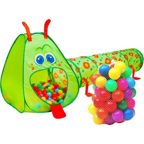 Kiddey Caterpillar Kids Play Tunnel and Tent with 50 Balls 2 Pc. Crawl Through Baby Ball Pit Pop up for Toddler and Babies, Indoor & Outdoor Jungle Gym Party Gift | Crawling Tunnels & Tents in Kuwait