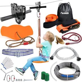 مجموعات zipline perantlb لأطفال الفناء الخلفي ، مع فرامل زنبركية Zipline 6 أقدام وربط خط zip مع مقبض ومقعد وحقيبة (100 قدم -1)
