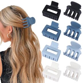 Medium Hair Clips Combination 2 Styles Small Claw Clips for Thin Hair 8 Pcs Matte Non-slip Rectangle Jaw Clips Square Hair Accessories for Women and Girls (Blue)