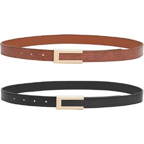2 Pack Womens Skinny Leather Belts, Waist Belt for Dresses Jeans Pants with Golden Buckle for women