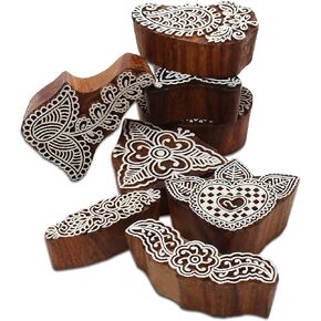 Wooden Block Stamps for Printing - Indian Textile Printing Blocks for Tattoo Clay Pottery Henna Card Making Hashcart® (Set of 8)