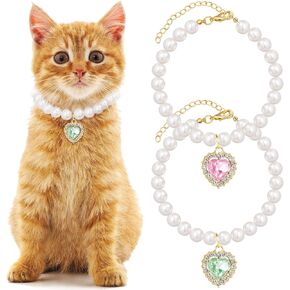 2pcs Pearl Collar for Cat Puppy, Small Cute Heart Shape Rhinestone Pet Necklace, Adjustable Wedding Party Pet Jewelry Accessories for Puppy Kitten- Green & Pink
