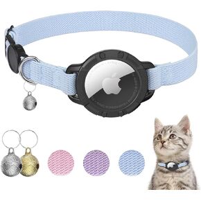 AirTag Cat Collar, Sucegi Stretchy Kitten Collar with Apple Air Tag Holder and Bell, Breakaway Design Ultra Elastic GPS Tracking Cat Collar for Cats and Puppies, (7.5-12.5 Inch), Blue