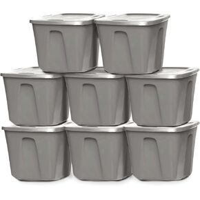 HOMZ 8-Pack Heavy Duty, Plastic Home Storage Organizer Bins, 10 Gallon, Titanium Silver