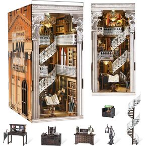 DIY Book Nook Kit, Miniature Dollhouse Booknook Kit, 3D Wooden Puzzle Bookend Bookshelf Insert Decor with LED Light for Teens and Adults (Law Library)