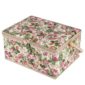 Craft Box, Sewing Basket Rural Fabric Floral Printed with Handle for Sewing Kit Needles