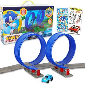 Sonic the Hedgehog Race Track and Toy Car Set - Bundle with Sonic Racecar Play Set with Toy Race Cars, Race Track, Stickers, More | Sonic Racing Toys for Boys