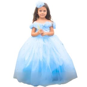 Pearl Off-Shoulder Flower Girl Dress - Elegant Tutu Tulle Princess Party Gown for Girls - Comfortable Fit & Charming Design - Perfect for Weddings, Birthdays & Special Occasions (2 years, Sky Blue)