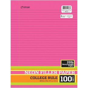 Top Flight Neon Filler, College Rule, 100 Sheets, 4 Colors, 3-Holes, 20 lb., 10.5 x 8 inches (4511894)