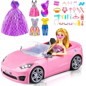 76 Pcs Doll & Convertible Car Playset,Included 11.5 In Doll,Doll Car,Princess Dresses,Fashion Dresses,Casual Clothing,Swimsuits,Bags,Shoes,Doll Playset,Doll Dress up Toys for Girls Kids Toddlers Gifts