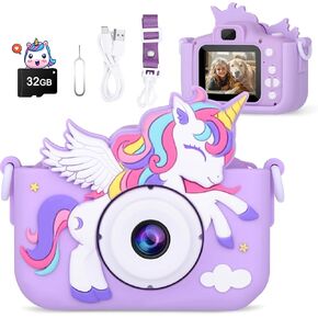 Kids Camera Unicorn Girl Toys, Digital Camera for Kids Age 3-8 Toddler Travel Toys, Birthday Gift for Girls 3 4 5 6 7 8 Year Old Christmas, HD 1080P Video Camera, 32G SD Card Included (Pink)