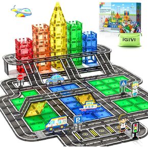 104 PCS Magnetic Tiles Road Set, STEM Magnet Building Blocks for Kids Toddler Toys Games, Christmas Birthday Gifts for 3+ Year Old Boys Girls, Car Enthusiasts and Classroom Must Haves