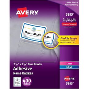 Avery® Flexible Name Badge Labels, 5895, 2 1/3" x 3 3/8", White With Blue Border, Box Of 400