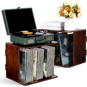 2 Pack Vinyl Record Storage Cubes Stackable 160-200 Albums Holder Wooden Record Crate 3 Compartment Storage Box Case Crate for Vinyl Records Albums Magazine Book