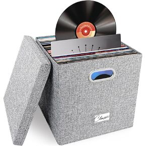 Vinyl Record Storage Box for 50+ Single LPs (12-Inch), Stackable Albums Linen Crate with Lid, Collapsible Play Music Collection Holder, Document File Folder Cabinet Organizer Case with Handle