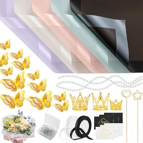 VinTS 118 Pcs Bouquet Wrapping Paper Kit,40 Sheets Waterproof Floral Wrapping Paper 3D Butterfly Stickers Decor Crowns for Mother's Day Valentines Wedding Graduation Birthday