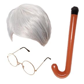 3Pcs Old Man Costume Accessories for Boys Grandpa Silver Wig with Glasses Inflatable Crutch for 100th Day of School