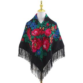 Oversized women's Print traditional shawl Red Black blue Multi-color vintage large Peony flower fringe Women's square scarf Multi-purpose headscarf Home decoration book tablecloth (Black)