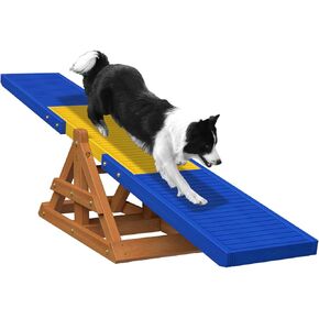 Wooden Dog Agility Seesaw, Platform Equipment Run Game Toy for Training and Exercise, Weather Resistant Pet Supplies, 95" L x 13" W x 32" H, Yellow Blue