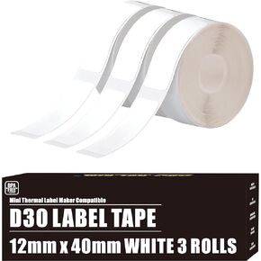 D30 Label Tape, 540 Labels 12x40mm White Thermal Label Paper for Phomemo D30 Labels Tape Printer Maker Tape Refill Replacement for Print Master D30 Labels Refill 12mm x 40mm (0.47 x 1.57 Inch) White