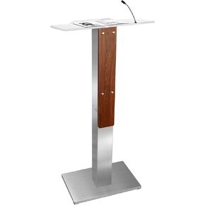 Stainless Steel Podium Stand with Acrylic Reading Surface & Hidden Cable Entry, Professional Modern Podium Stand with Wood Decoration for Church, Conference, Speech, Wedding, Classroom