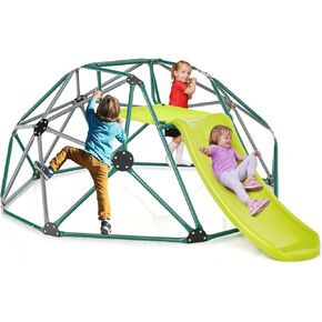 Costzon Climbing Dome with Slide, 8FT Kids Jungle Gym Monkey Bar Climbing Toys for Outdoor, 2 in 1 Indoor Geometric Dome Climber Playground Set for 3-8 Boys Girls Toddlers Backyard Gift Present