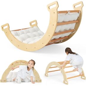 Costzon Wooden Arch Rocker with Cushion, 3-in-1 Montessori Climbing Toys for Toddlers, Children Indoor Outdoor Playground Climbing Gym Learning Playset, Arch Climber Ladder for Kids Gift Presents