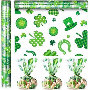 Gueevin St. Patrick's Day Cellophane Wrap Roll Shamrock Wrapping Paper 100 ft x 16 In 2.5 Mil St Patricks Day Irish Gifts Wrap Clear for Saint Patty's Treat Candy Goodie Decorations Favors Supplies