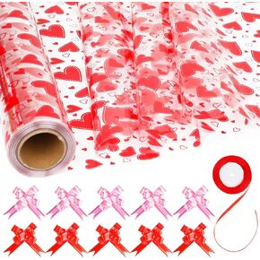 FOIMAS Heart Cellophane Wrap Roll,32in x 98ft Valentine's Day Clear Cellophane Gift Basket Wrapping Paper with Ribbon and Pull Bows for Valentine's Day Gift Wrapping Flower Gift Box Supply